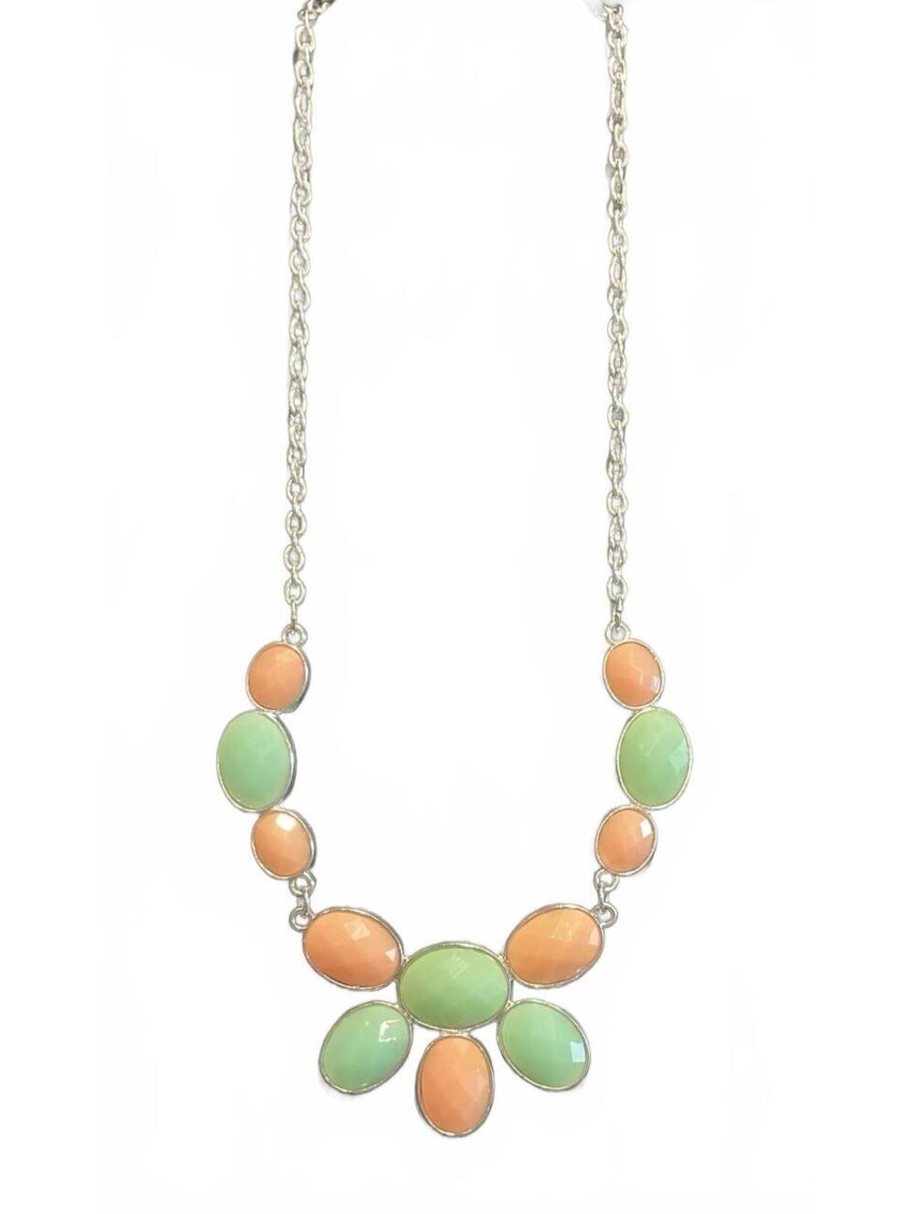Peach And Green Silver Tone Necklace Adjustable Length # 168
